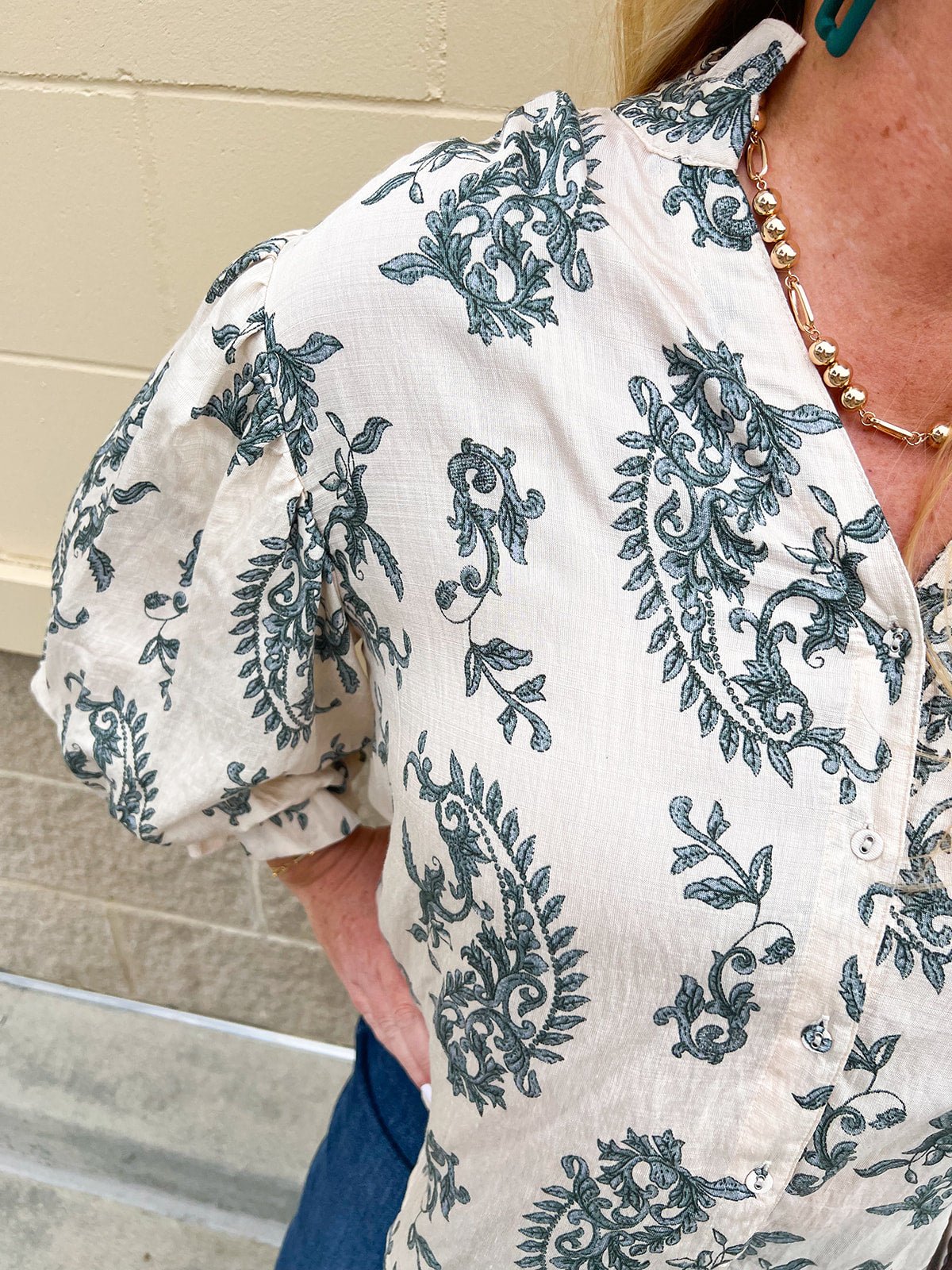 Girly and Glamorous Jade Balloon Sleeve Button Down Top - The Pink Pineapple 850