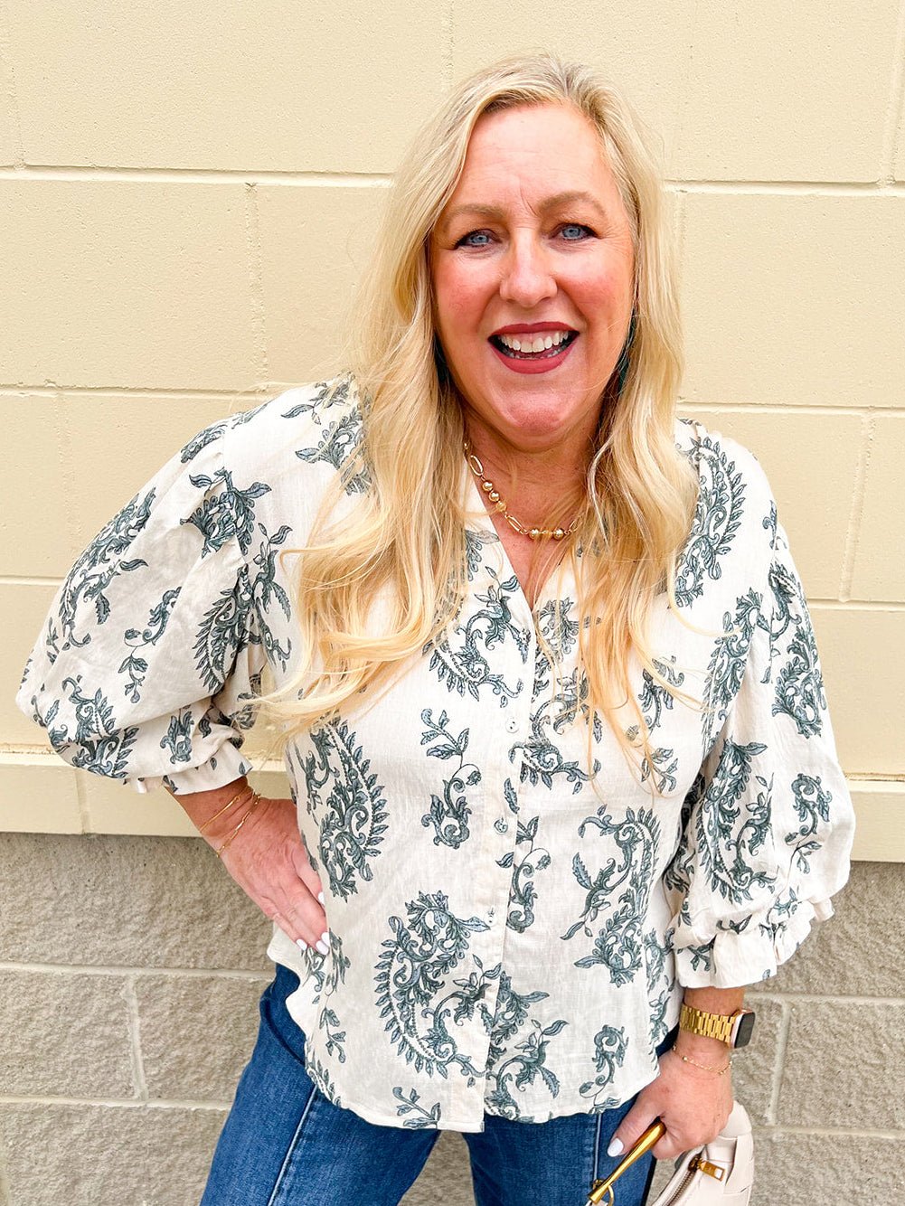 Girly and Glamorous Jade Balloon Sleeve Button Down Top - The Pink Pineapple 850