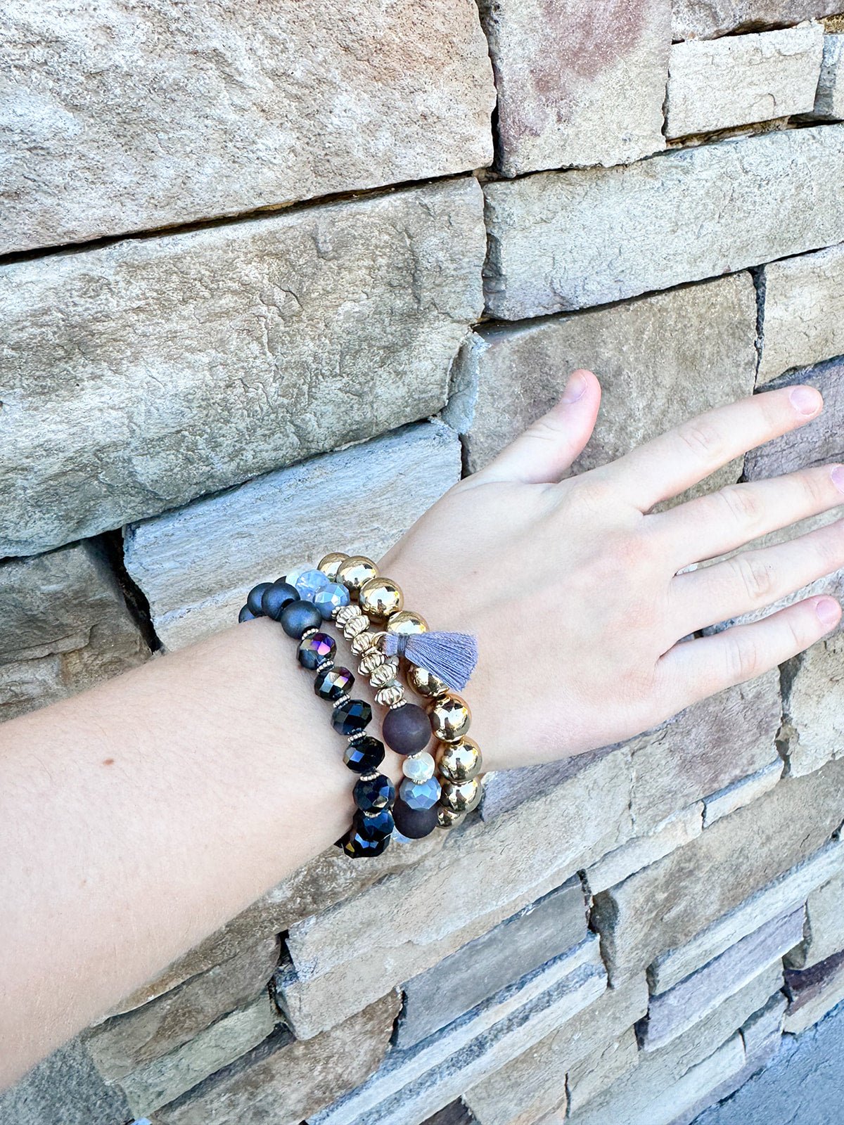 Glass Beads Tassel Pendant Layered Charm Bracelet in Black - The Pink Pineapple 850