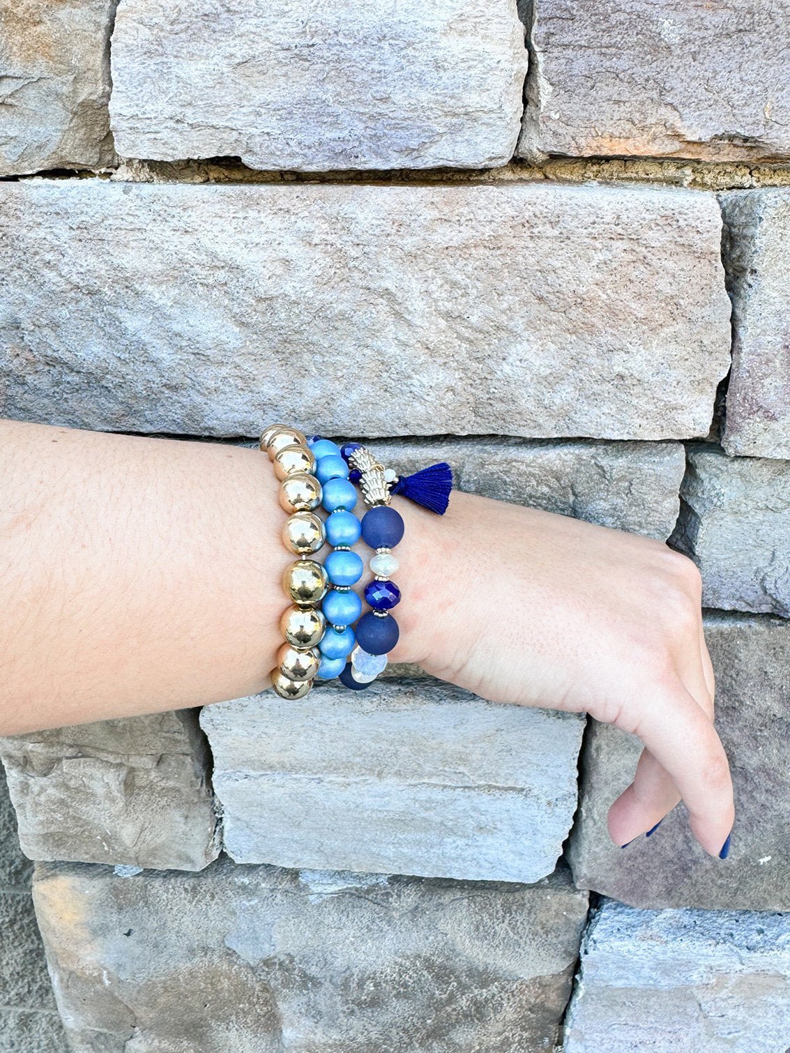 Glass Beads Tassel Pendant Layered Charm Bracelet in Navy - The Pink Pineapple 850