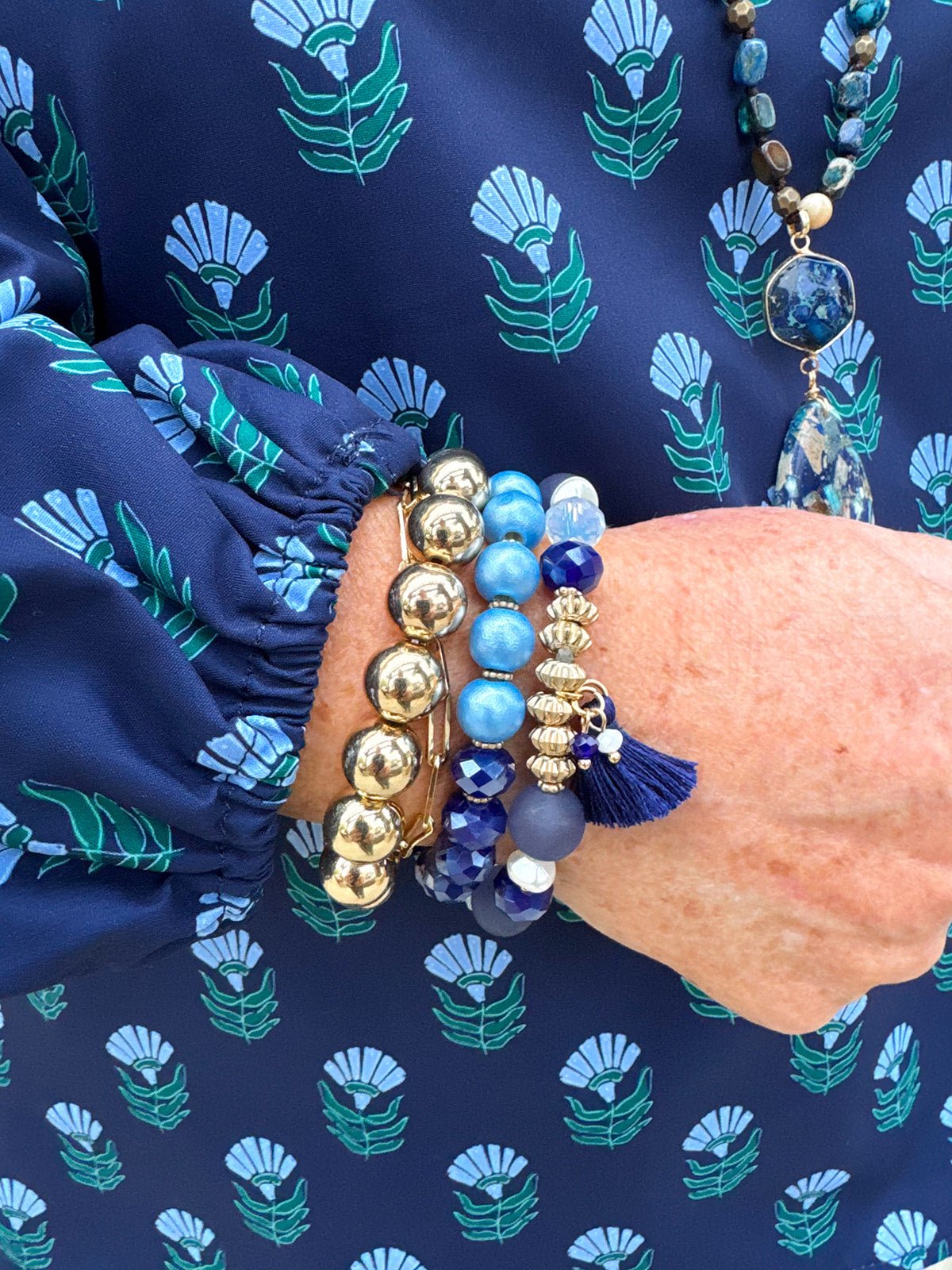 Glass Beads Tassel Pendant Layered Charm Bracelet in Navy - The Pink Pineapple 850