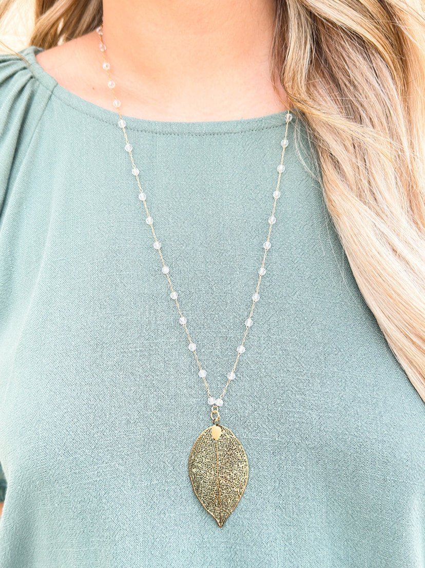 Glass Crystal Leaf Beaded Chain Pendant Necklace - The Pink Pineapple 850