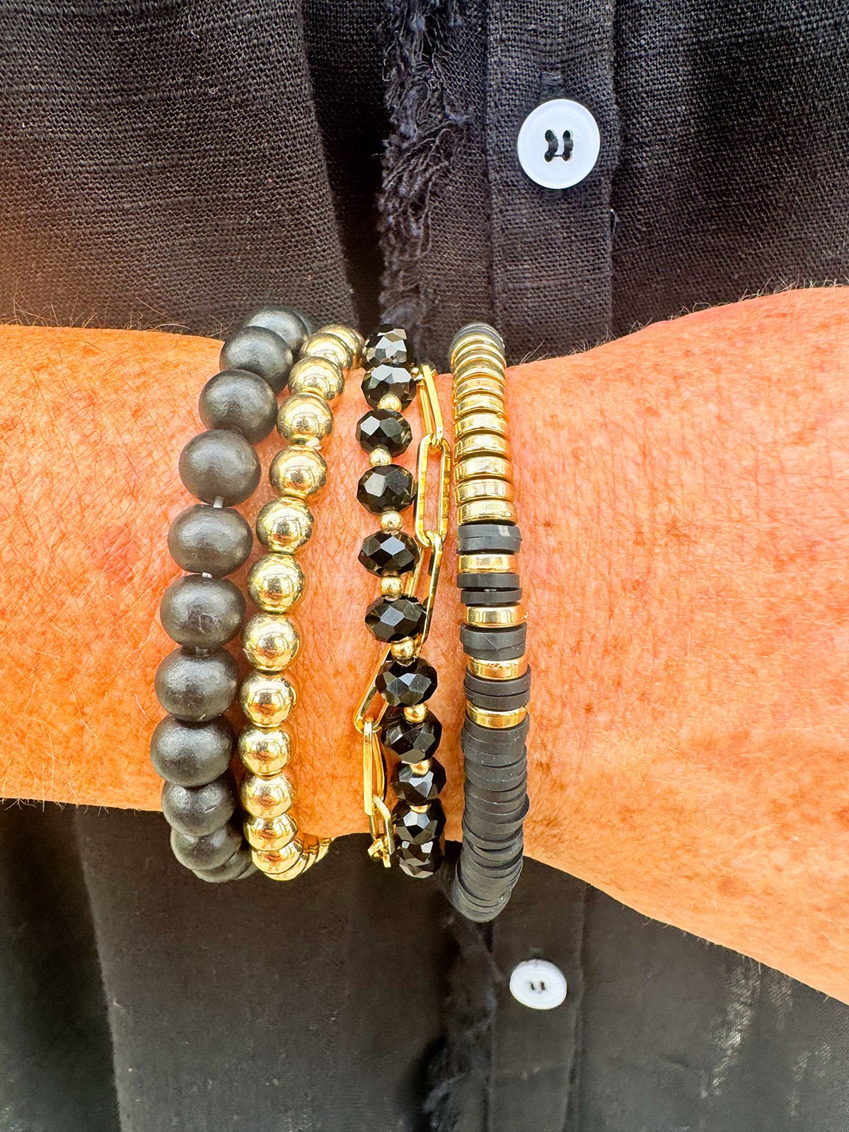 Glass Wood Rubber Metal Bracelet Set - Black - The Pink Pineapple 850