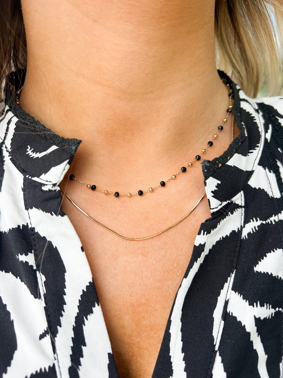 Gold Dainty Chain with Black Crystals Layered Necklace - The Pink Pineapple 850
