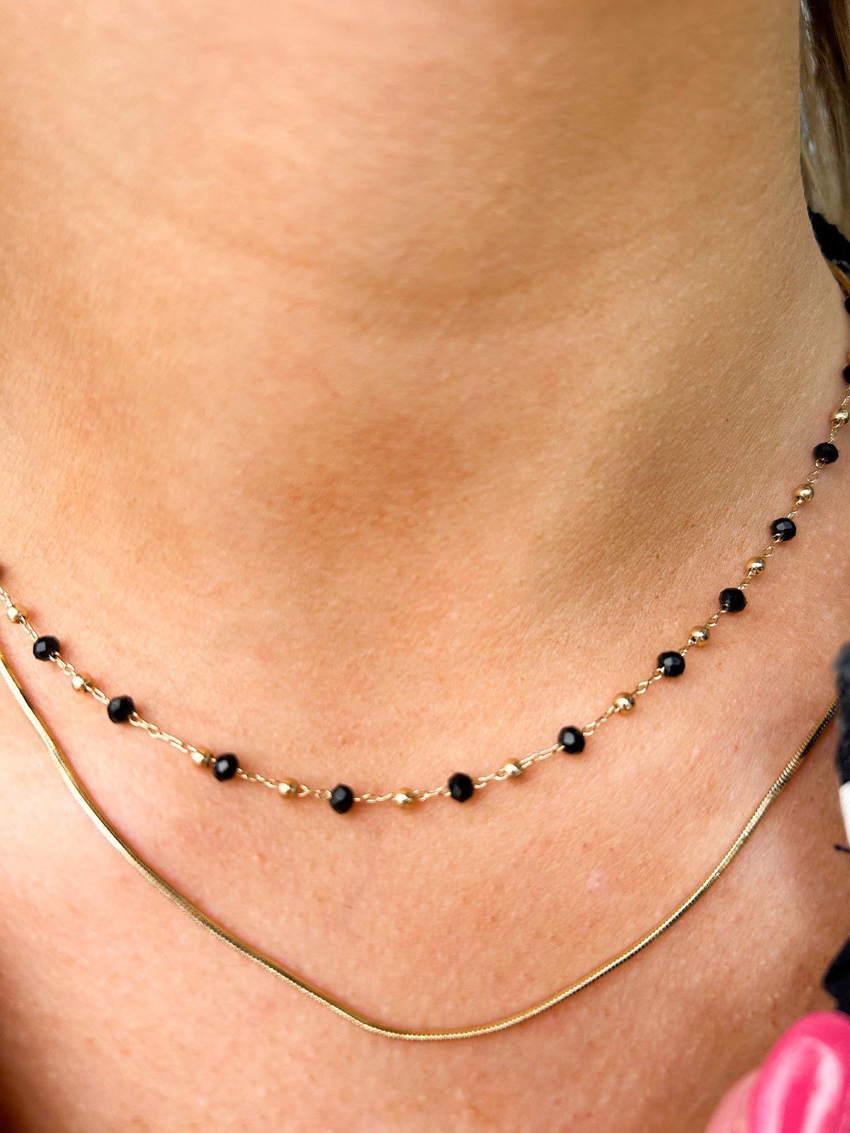 Gold Dainty Chain with Black Crystals Layered Necklace - The Pink Pineapple 850