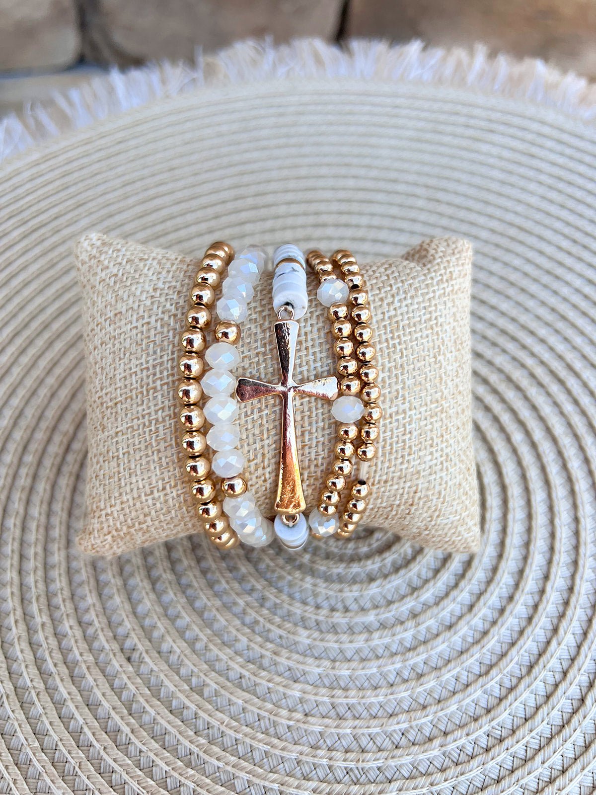 Golden Grace White Crystal Stretch Bracelet Set - The Pink Pineapple 850