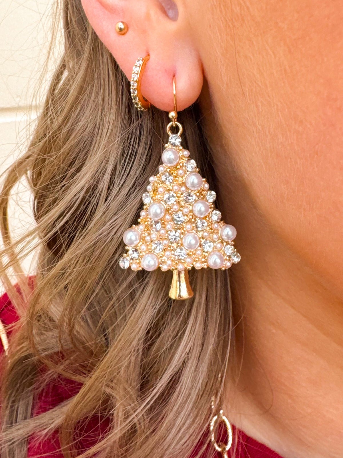 Golden Pearl Christmas Tree Dangle Earrings - The Pink Pineapple 850