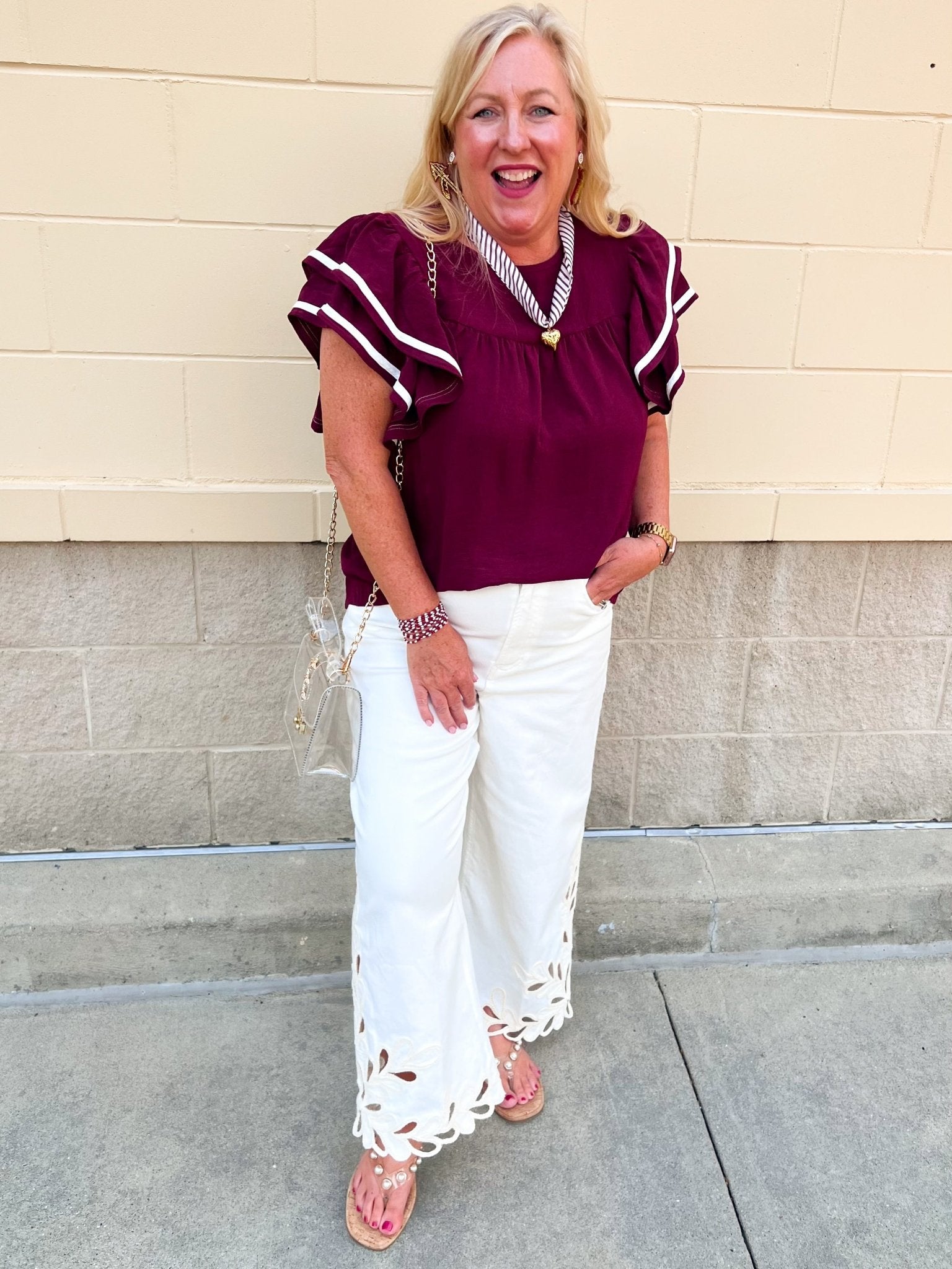 Graceful Ruffle Sleeve Woven Top in Garnet - The Pink Pineapple 850