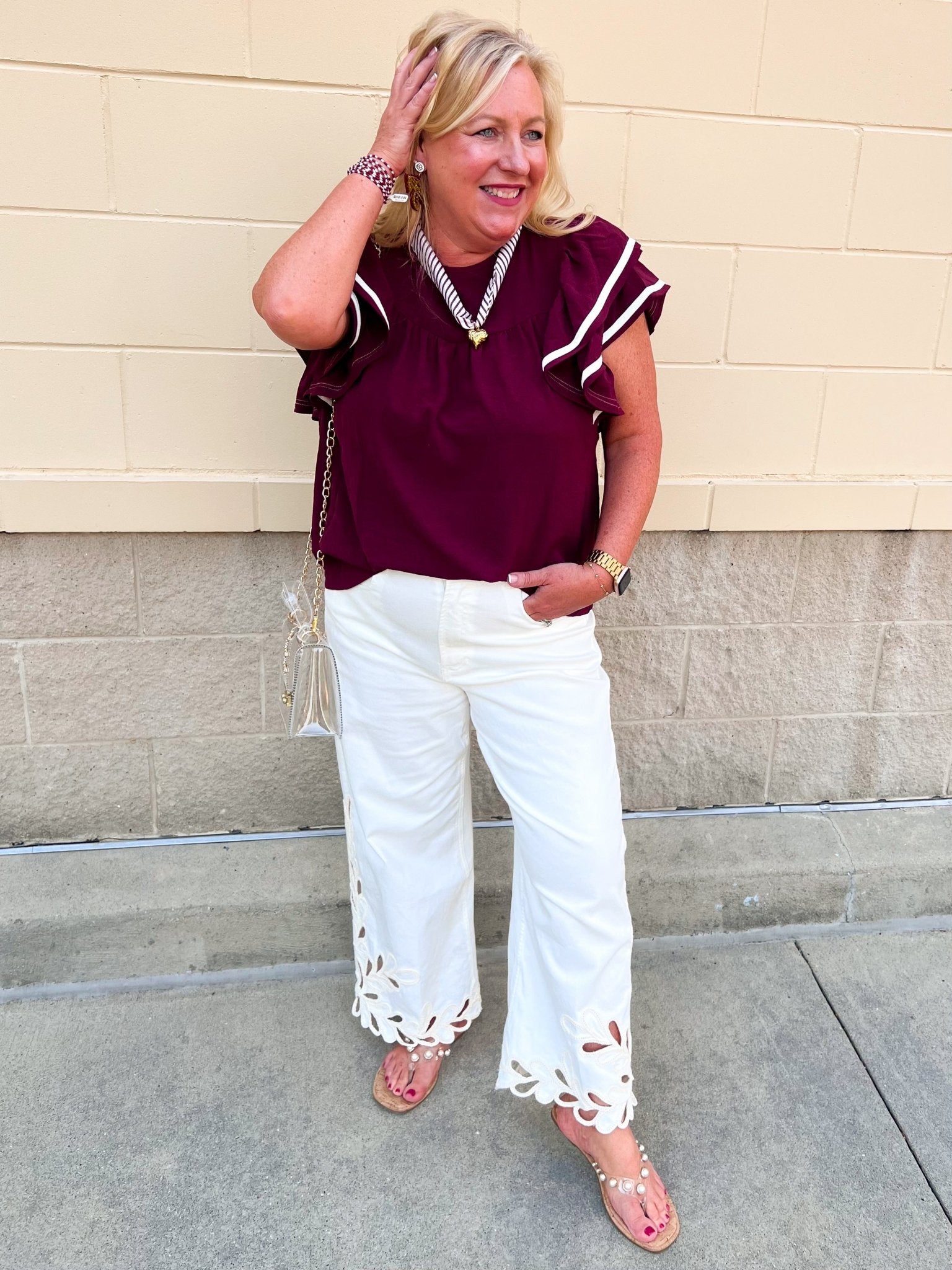 Graceful Ruffle Sleeve Woven Top in Garnet - The Pink Pineapple 850