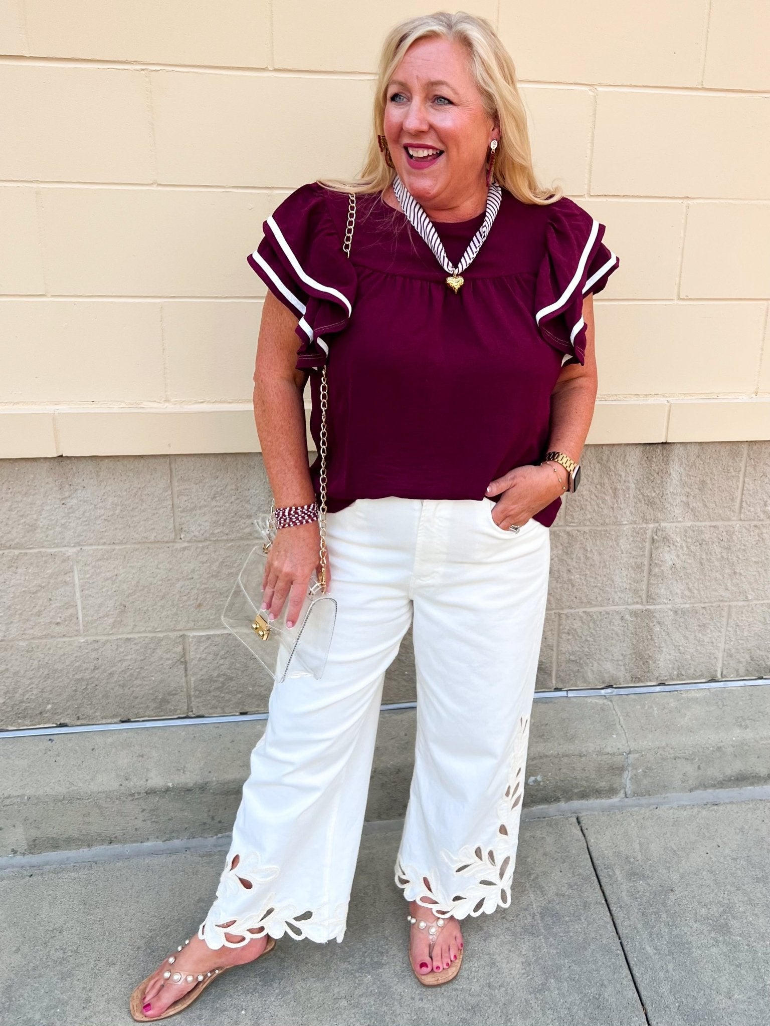 Graceful Ruffle Sleeve Woven Top in Garnet - The Pink Pineapple 850