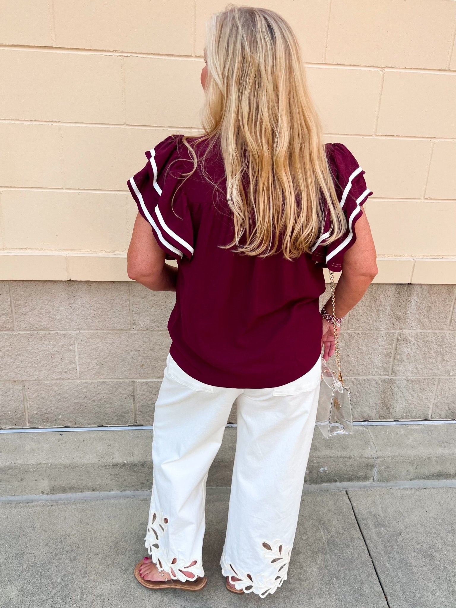 Graceful Ruffle Sleeve Woven Top in Garnet - The Pink Pineapple 850