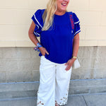Graceful Ruffle Sleeve Woven Top in Royal Blue - The Pink Pineapple 850