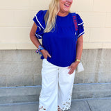 Graceful Ruffle Sleeve Woven Top in Royal Blue - The Pink Pineapple 850