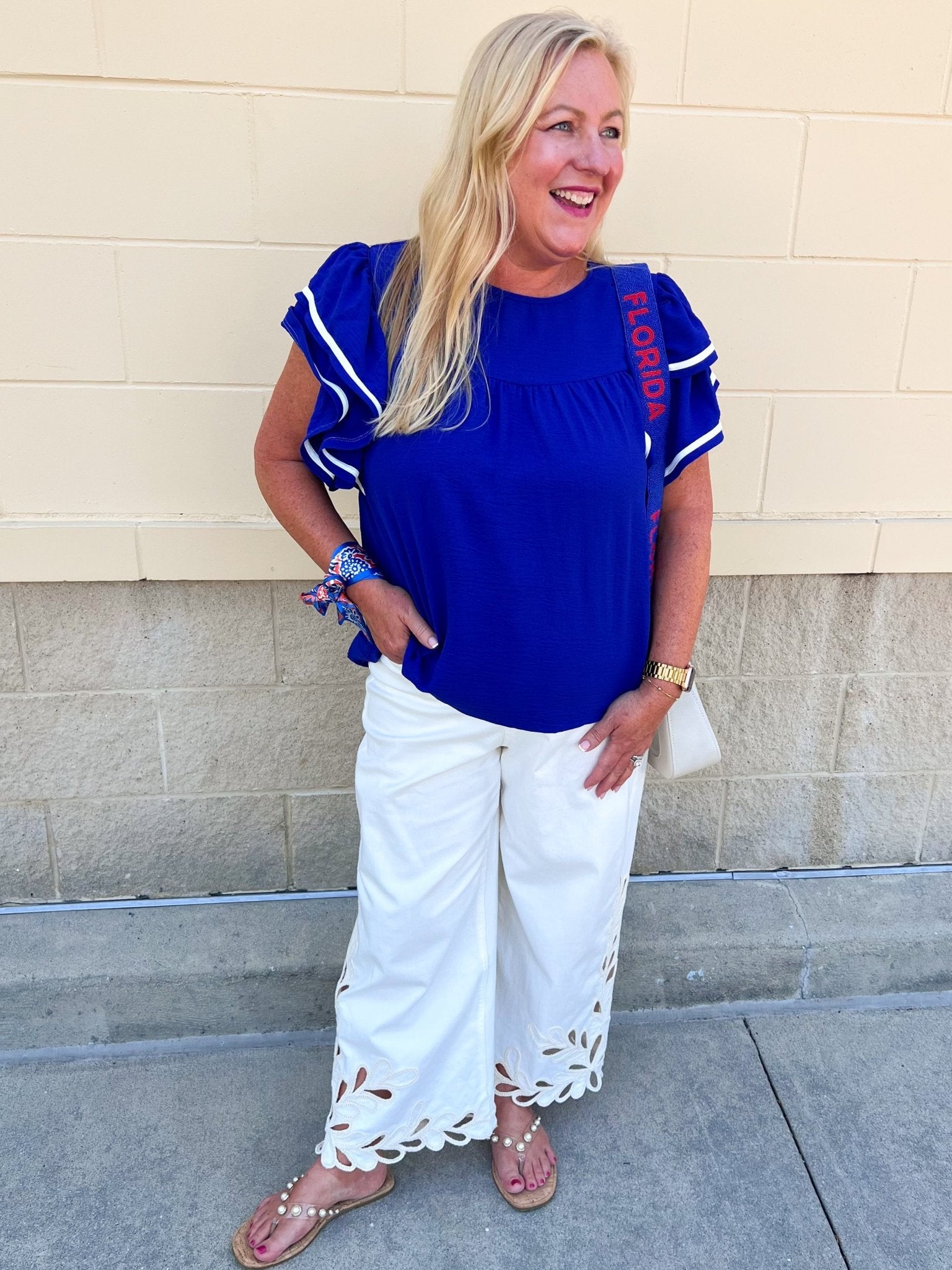Graceful Ruffle Sleeve Woven Top in Royal Blue - The Pink Pineapple 850