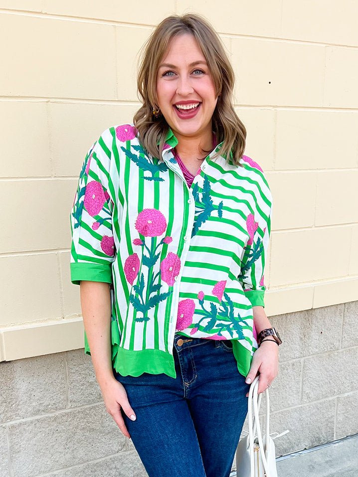 Green Garden Party Striped Blouse - The Pink Pineapple 850