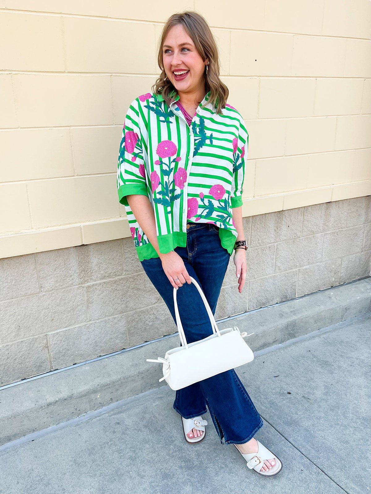 Green Garden Party Striped Blouse - The Pink Pineapple 850