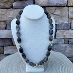 Green Marble Stone Necklace with Gold Beaded Accents - The Pink Pineapple 850