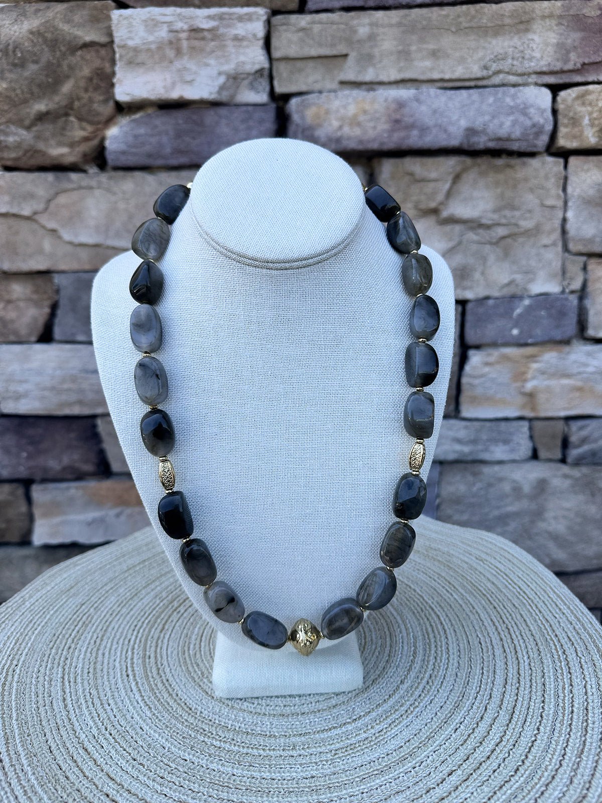 Green Marble Stone Necklace with Gold Beaded Accents - The Pink Pineapple 850
