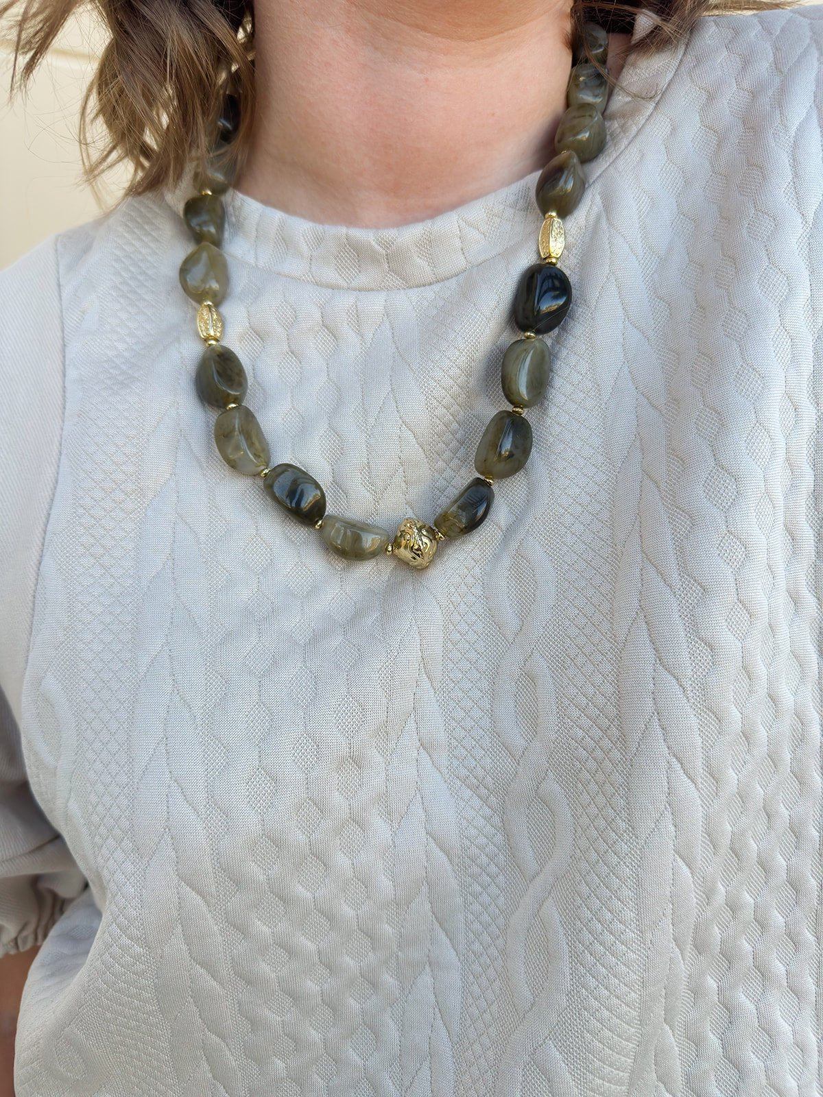 Green Marble Stone Necklace with Gold Beaded Accents - The Pink Pineapple 850