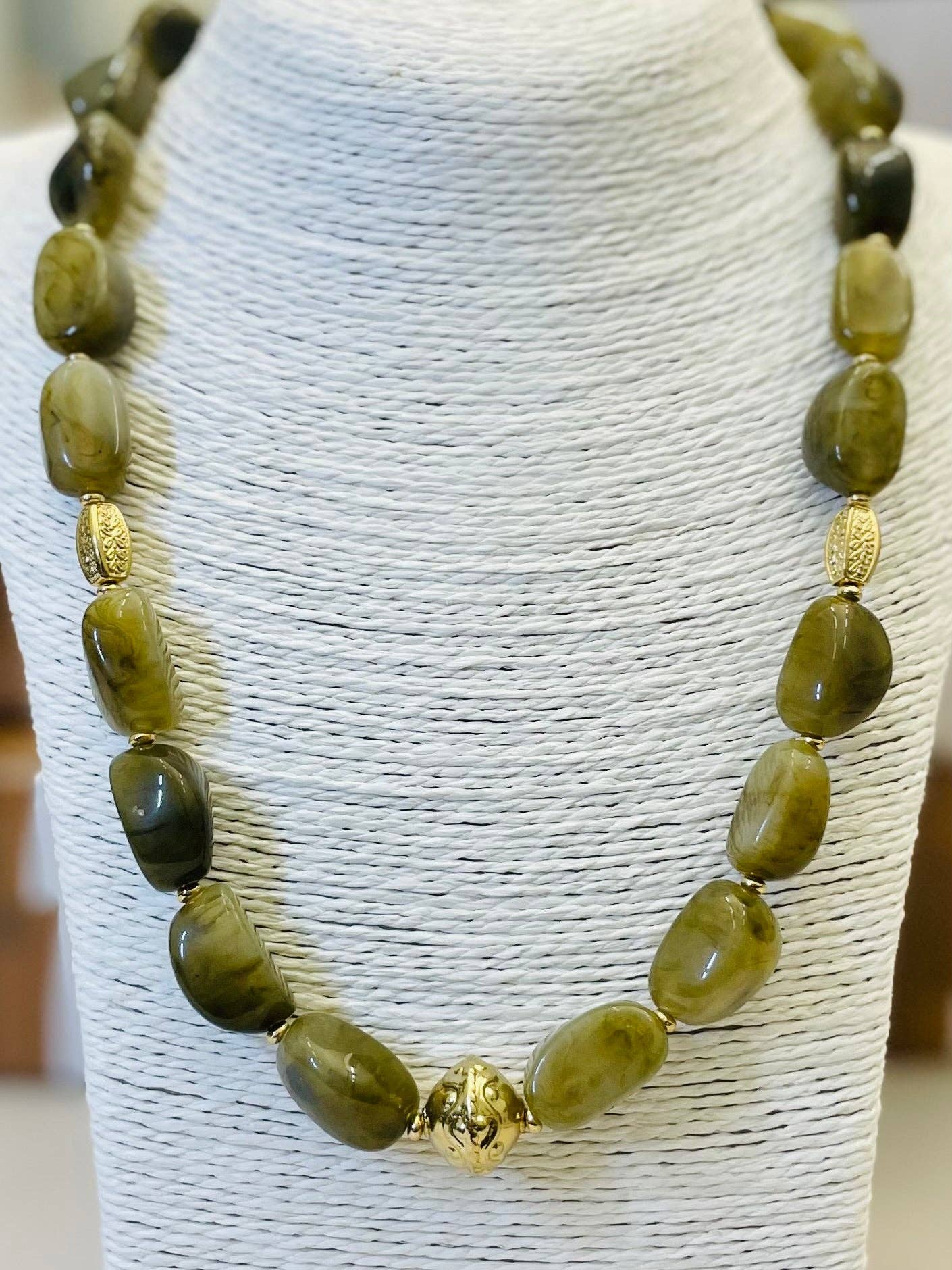 Green Marble Stone Necklace with Gold Beaded Accents - The Pink Pineapple 850