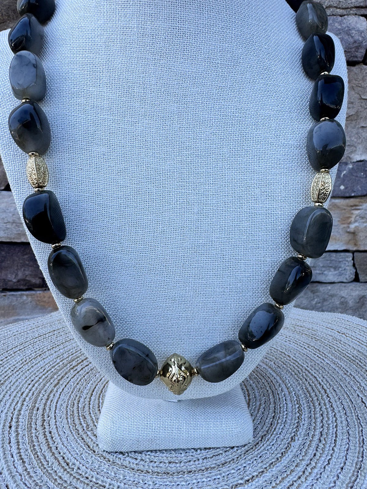 Green Marble Stone Necklace with Gold Beaded Accents - The Pink Pineapple 850