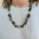 Green Marble Stone Necklace with Gold Beaded Accents - The Pink Pineapple 850