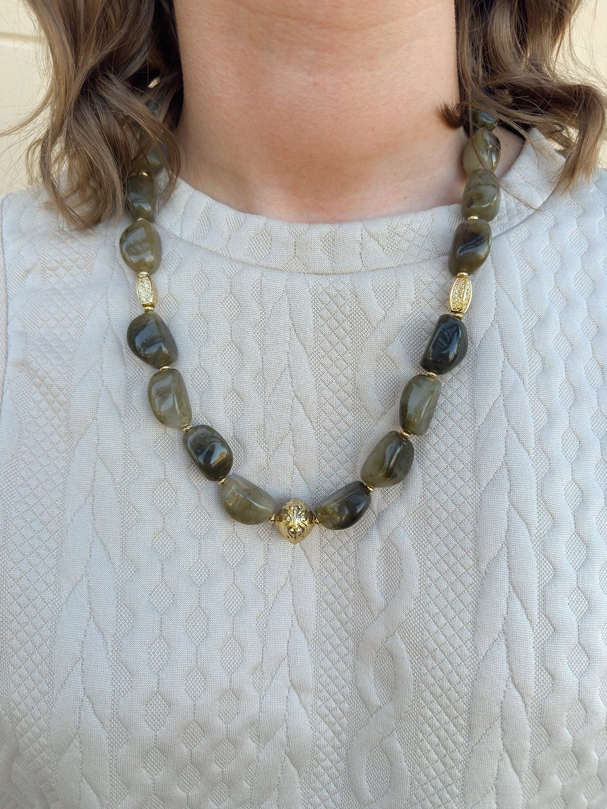 Green Marble Stone Necklace with Gold Beaded Accents - The Pink Pineapple 850