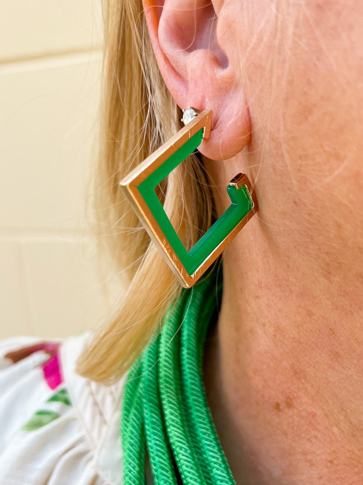 Green Wood and Gold Squared Hoop Earring - The Pink Pineapple 850