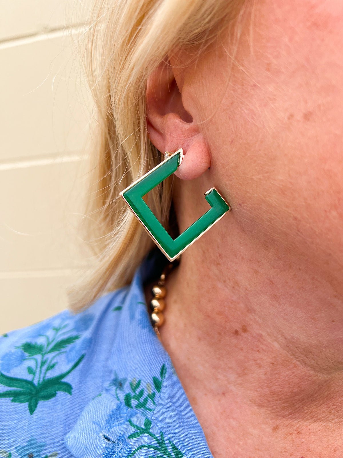 Green Wood and Gold Squared Hoop Earring - The Pink Pineapple 850