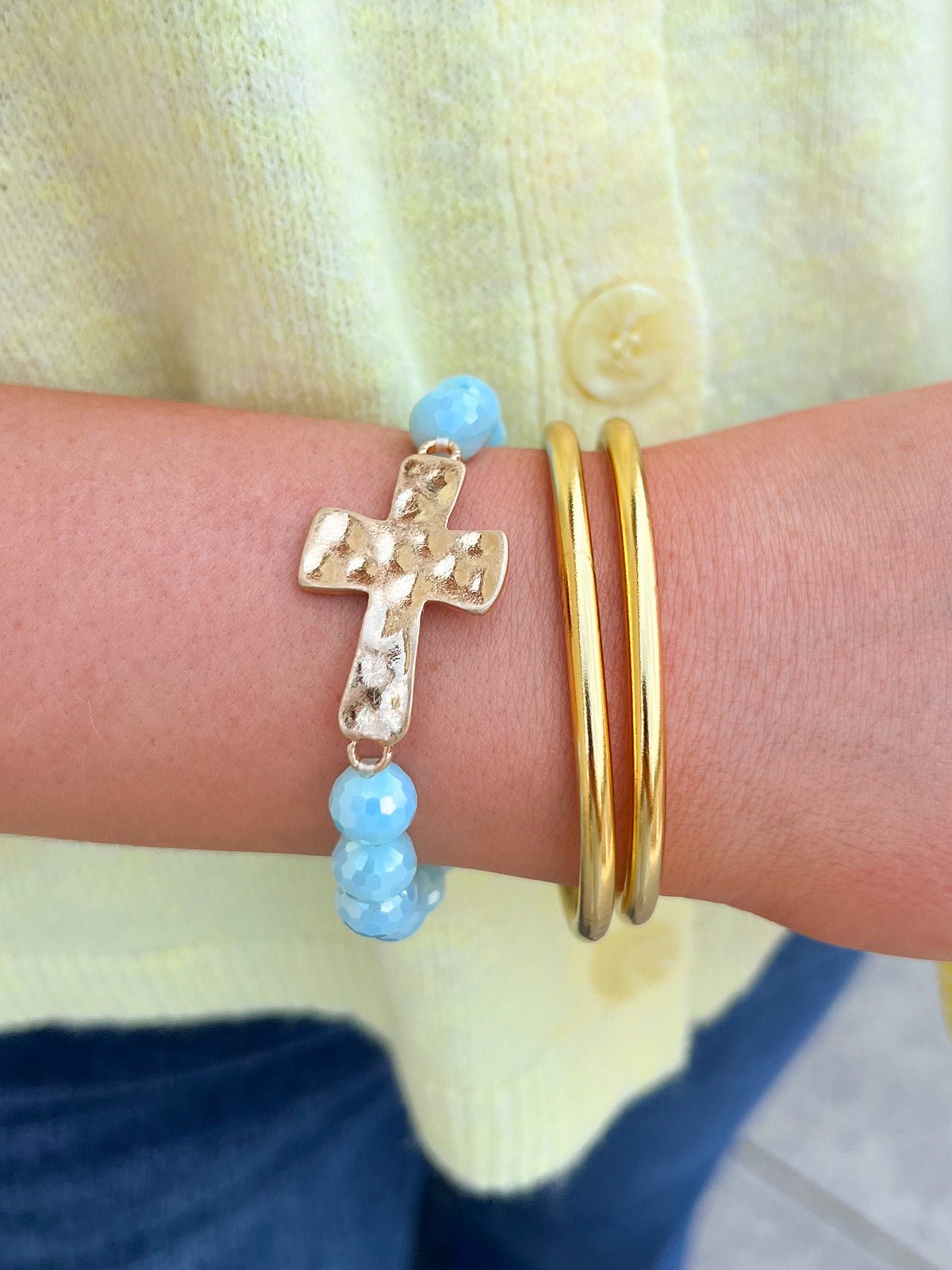 Hammered Gold Cross Beaded Mint Bracelet - The Pink Pineapple 850