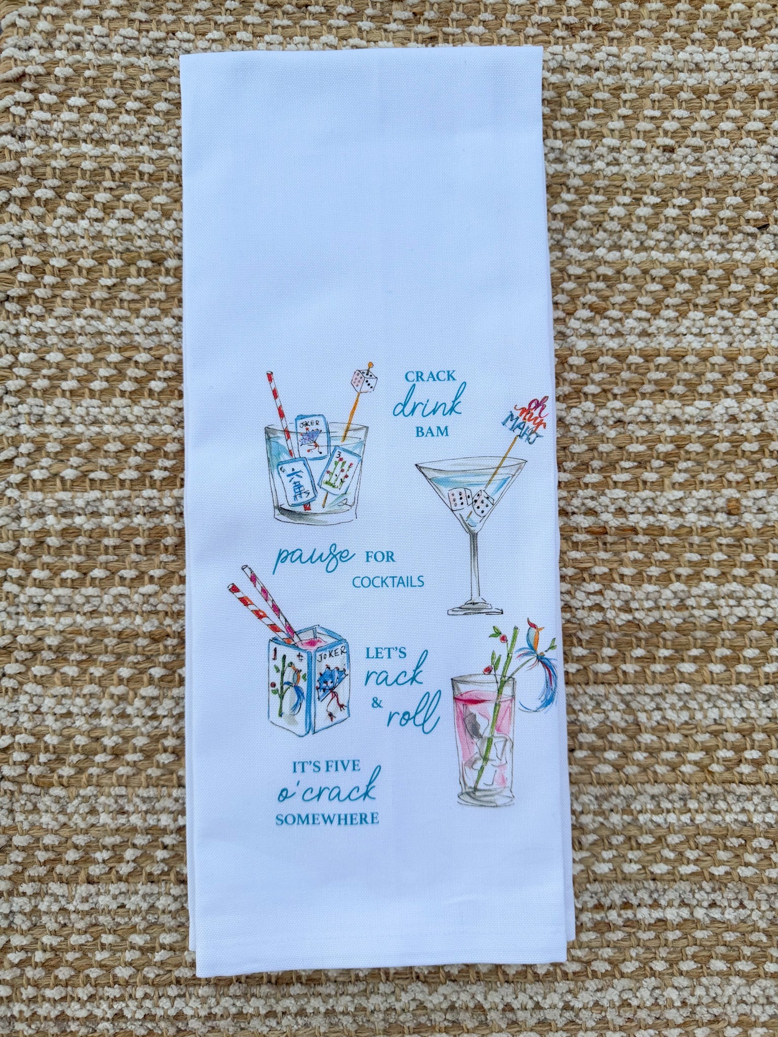 Handpainted Mahjong Cocktails Kitchen Towel - The Pink Pineapple 850