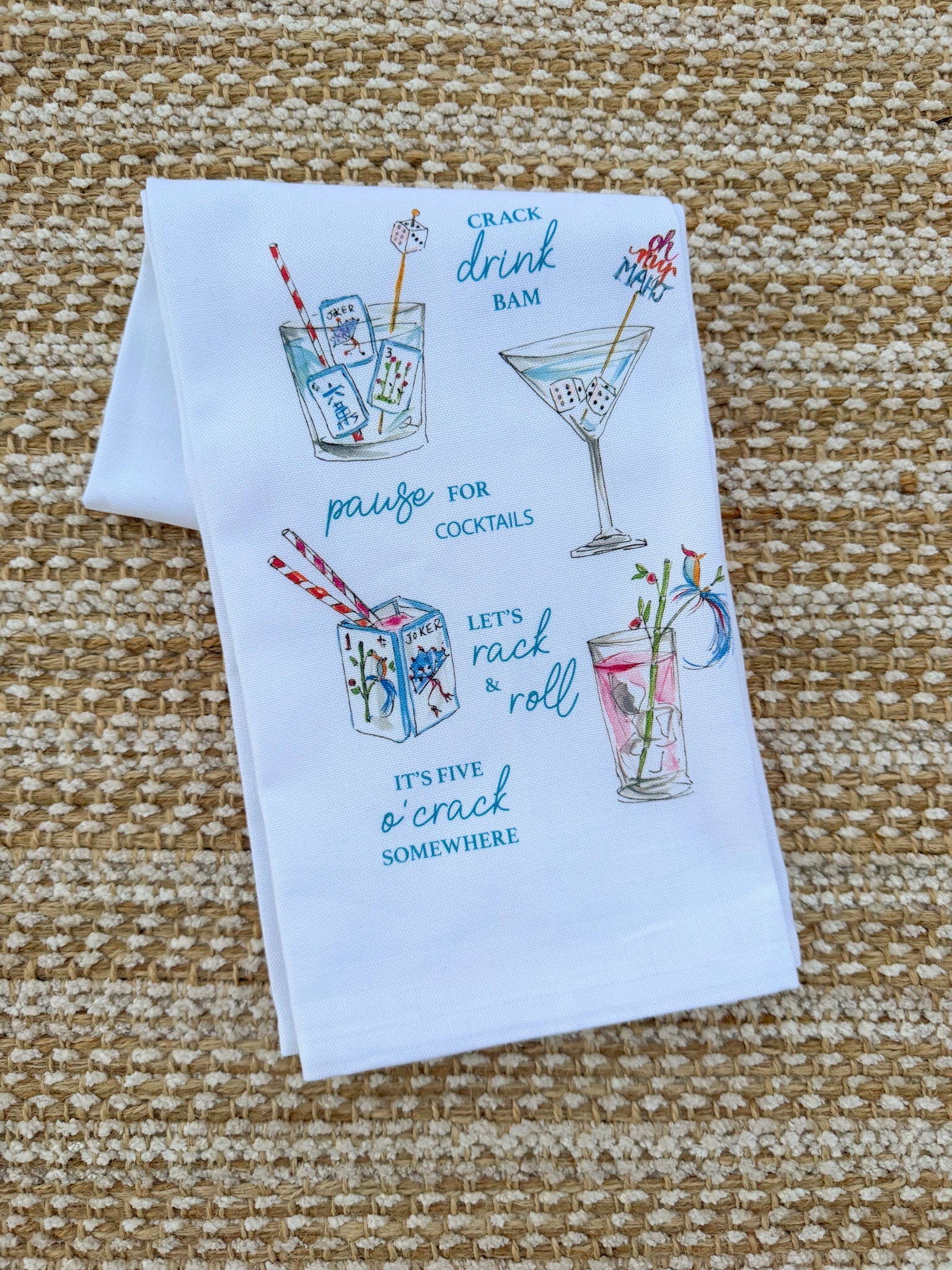 Handpainted Mahjong Cocktails Kitchen Towel - The Pink Pineapple 850