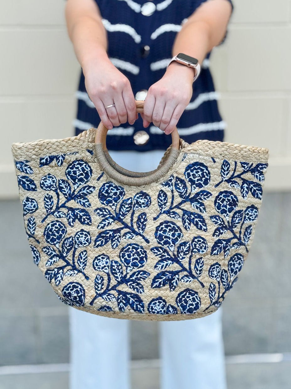 Harbor Blossom Tote Top Handle Jute Tote Bag - The Pink Pineapple 850