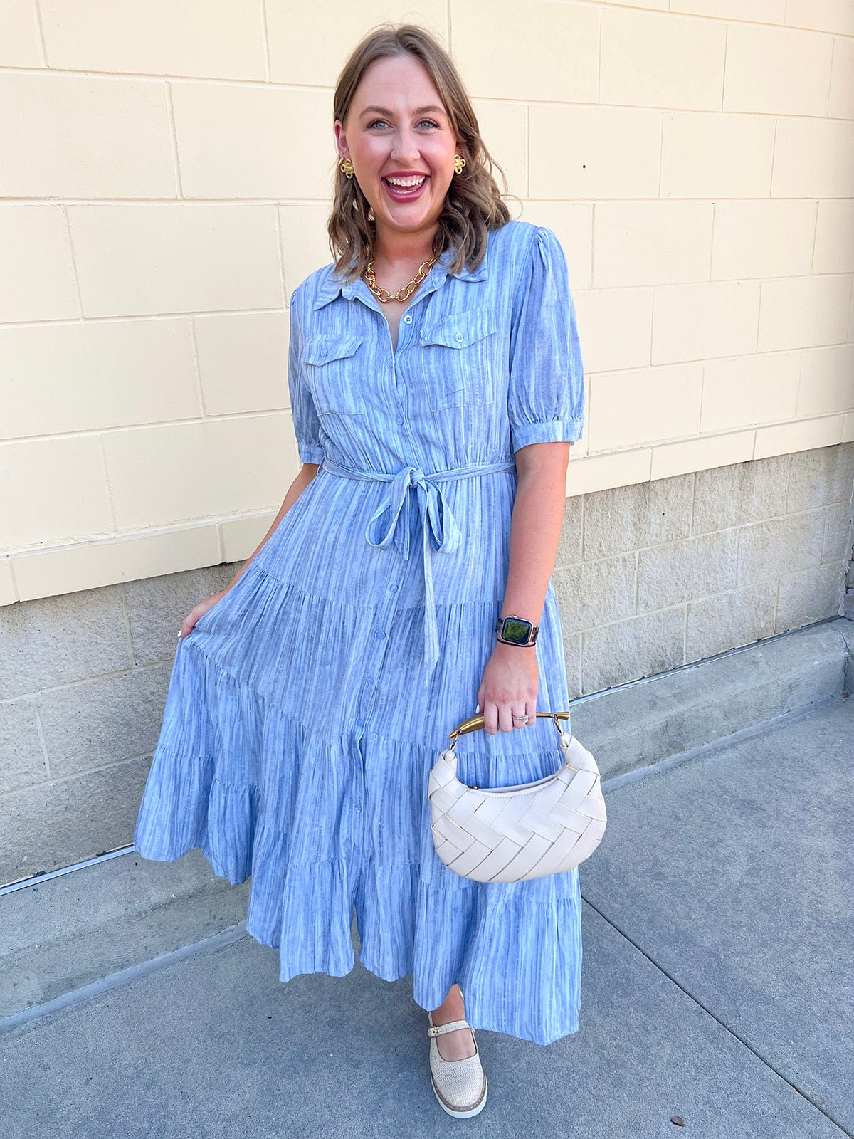 Harbor Mist Stripe Button Midi Dress - The Pink Pineapple 850