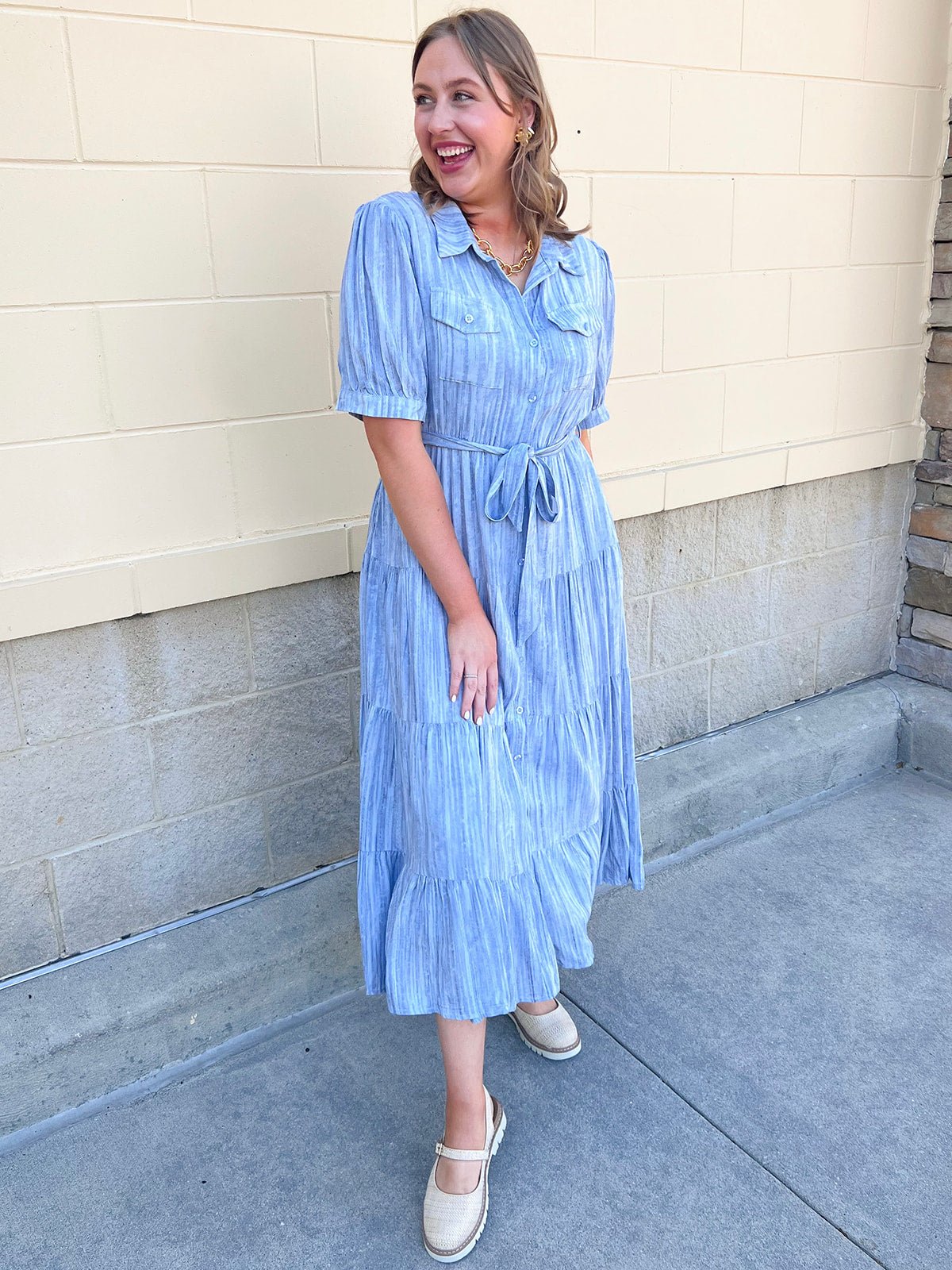 Harbor Mist Stripe Button Midi Dress - The Pink Pineapple 850