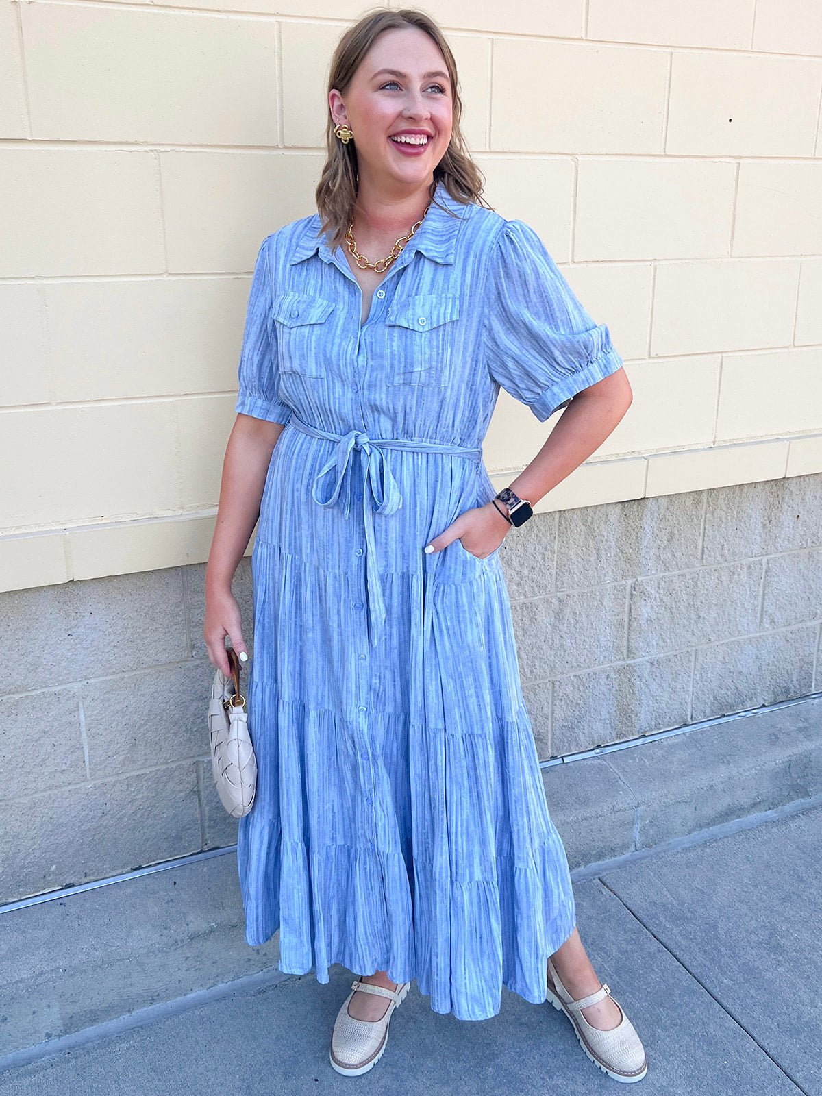 Harbor Mist Stripe Button Midi Dress - The Pink Pineapple 850