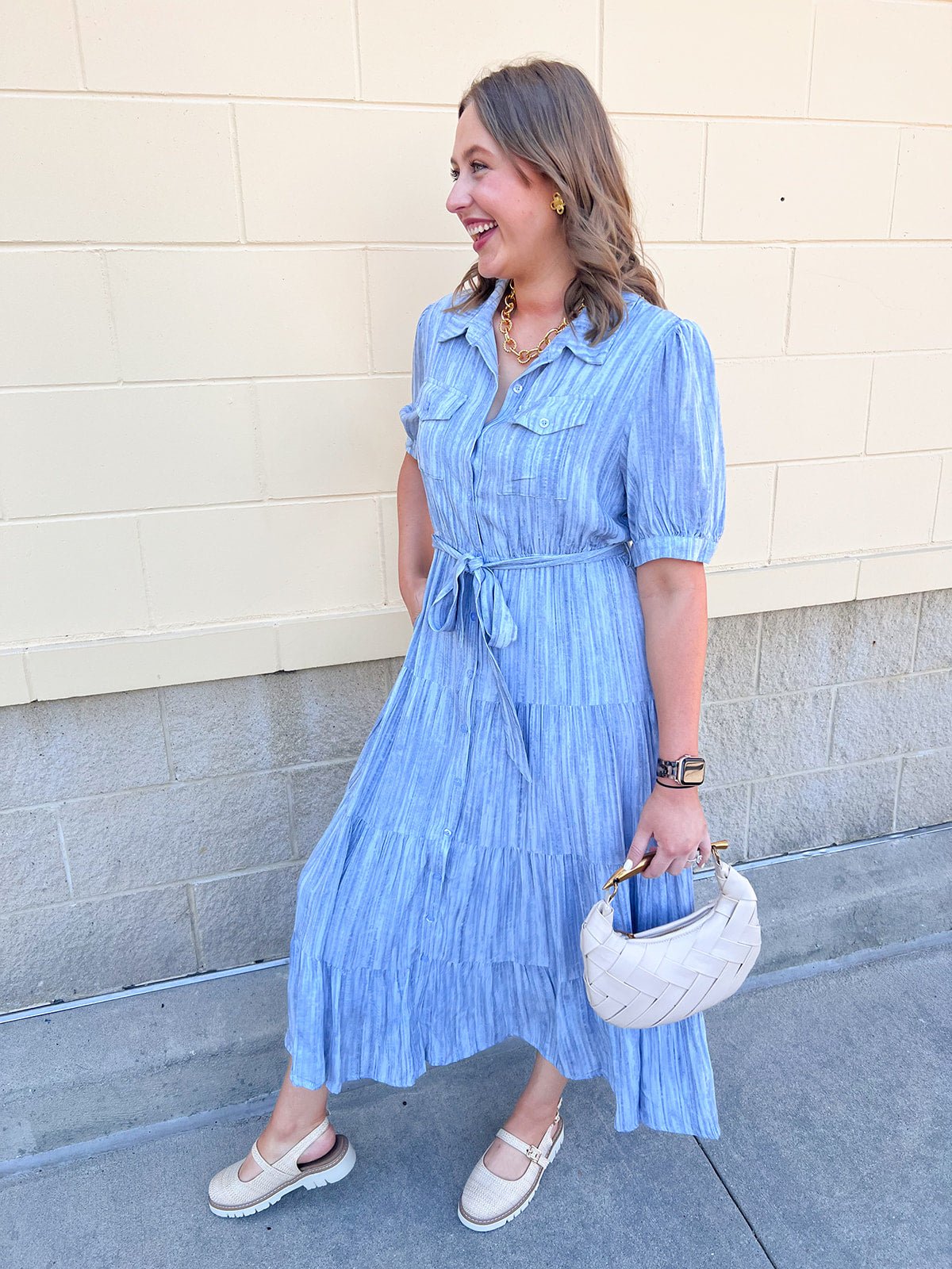 Harbor Mist Stripe Button Midi Dress - The Pink Pineapple 850