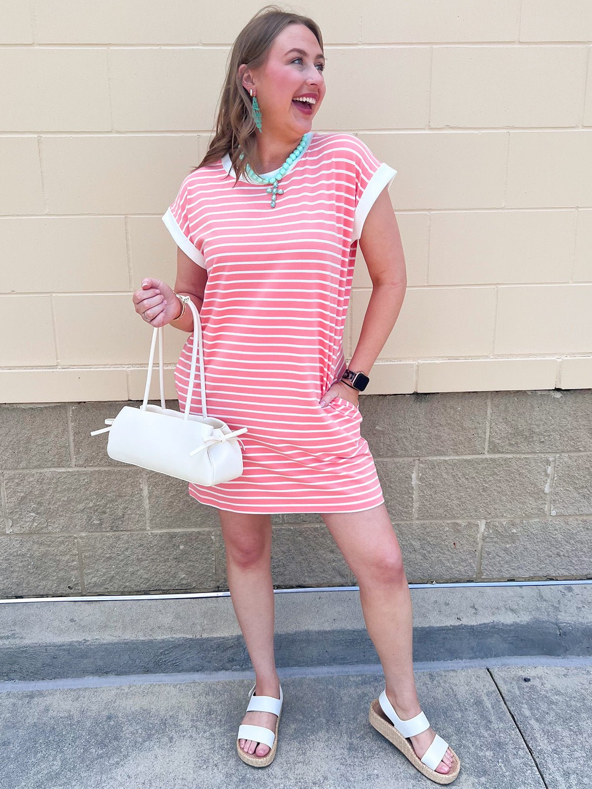 Harborline Ease T-Shirt Dress in Coral - The Pink Pineapple 850