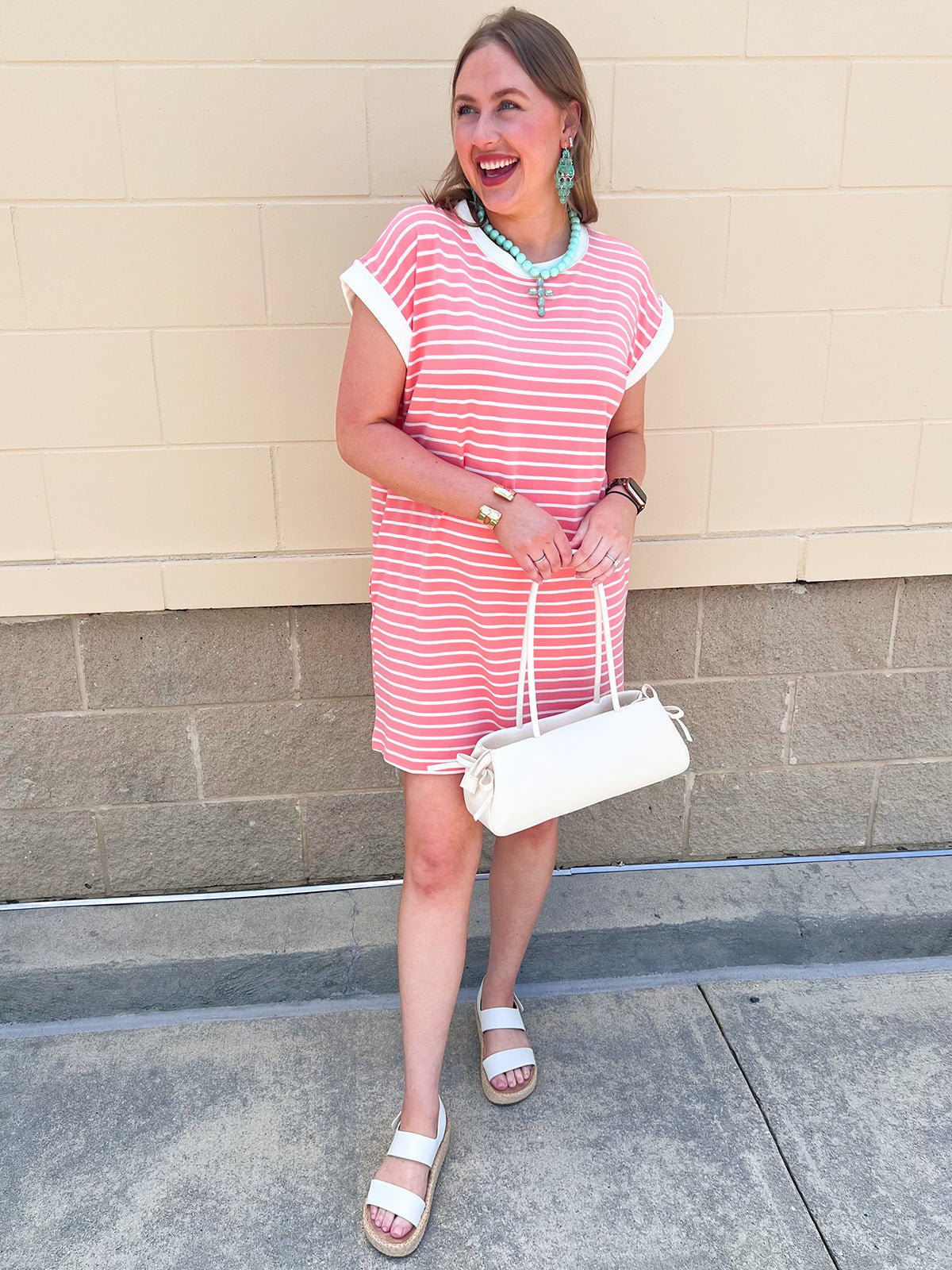 Harborline Ease T-Shirt Dress in Coral - The Pink Pineapple 850