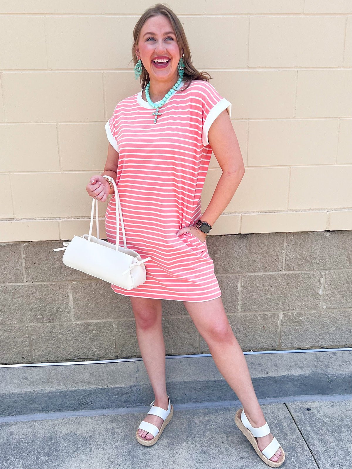 Harborline Ease T-Shirt Dress in Coral - The Pink Pineapple 850