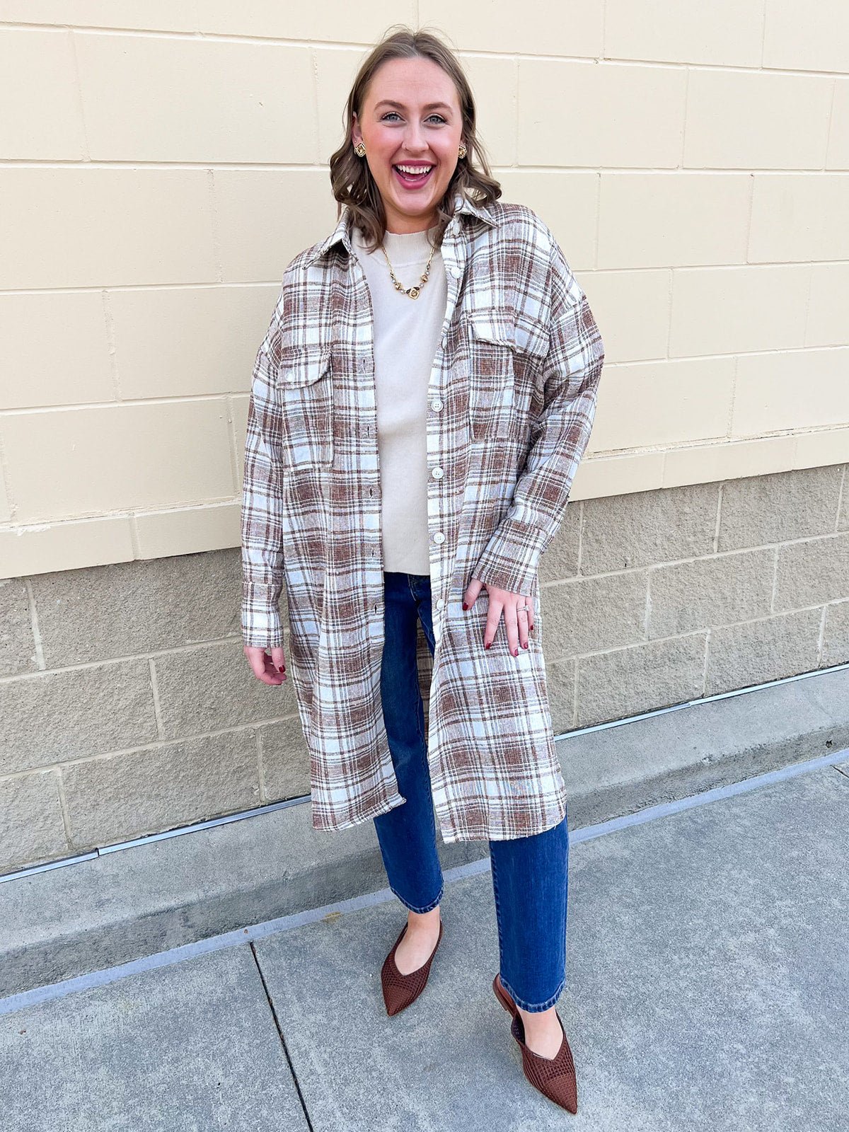 Harper Plaid Longline Shacket in Tan Cream - The Pink Pineapple 850