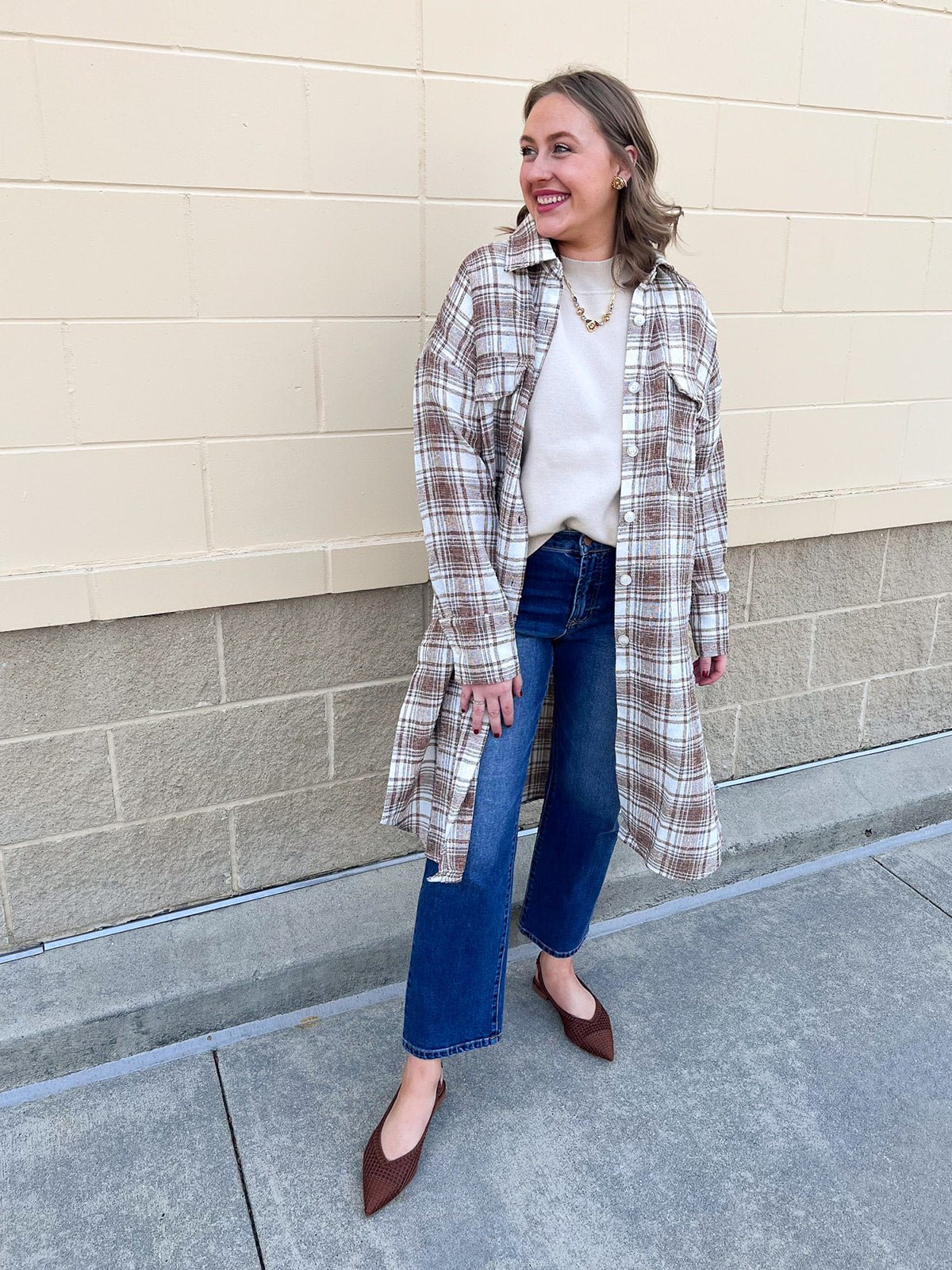 Harper Plaid Longline Shacket in Tan Cream - The Pink Pineapple 850