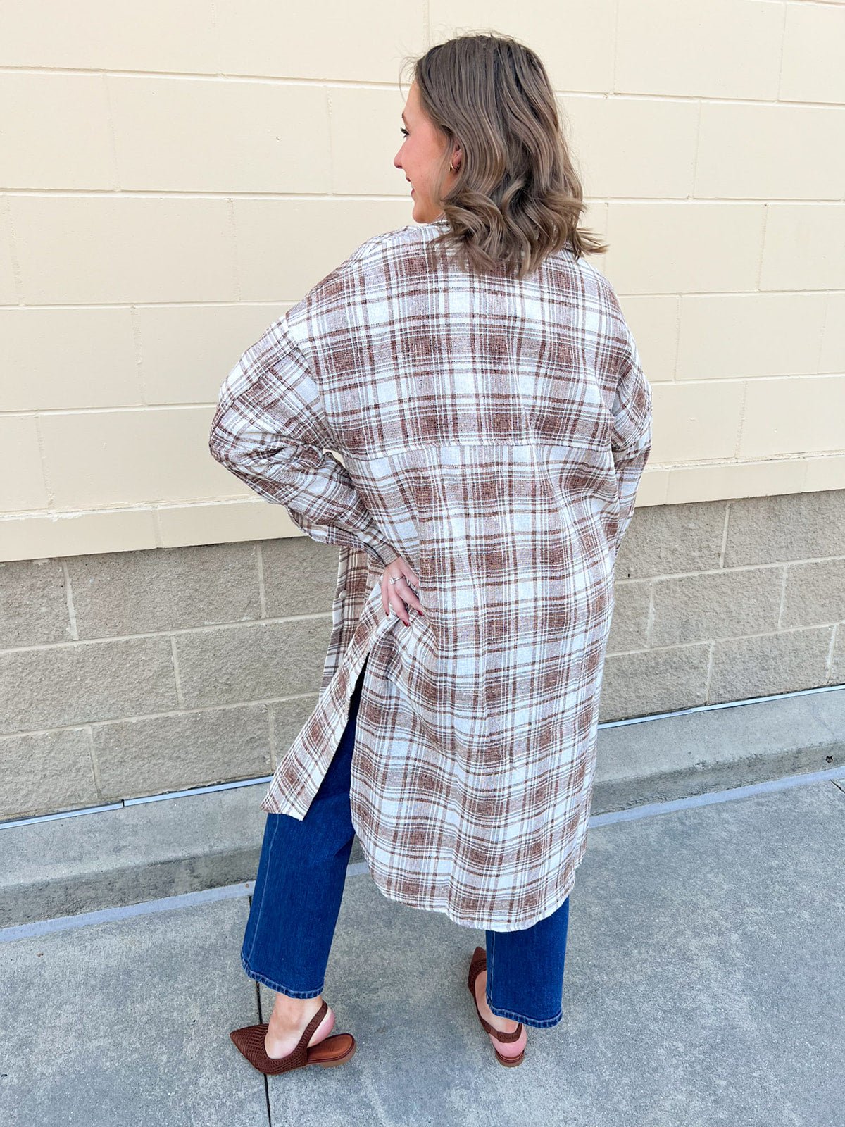 Harper Plaid Longline Shacket in Tan Cream - The Pink Pineapple 850