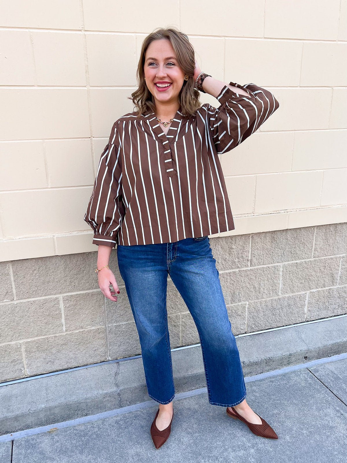 Harvest Charm Split Neck Stripe Top - The Pink Pineapple 850