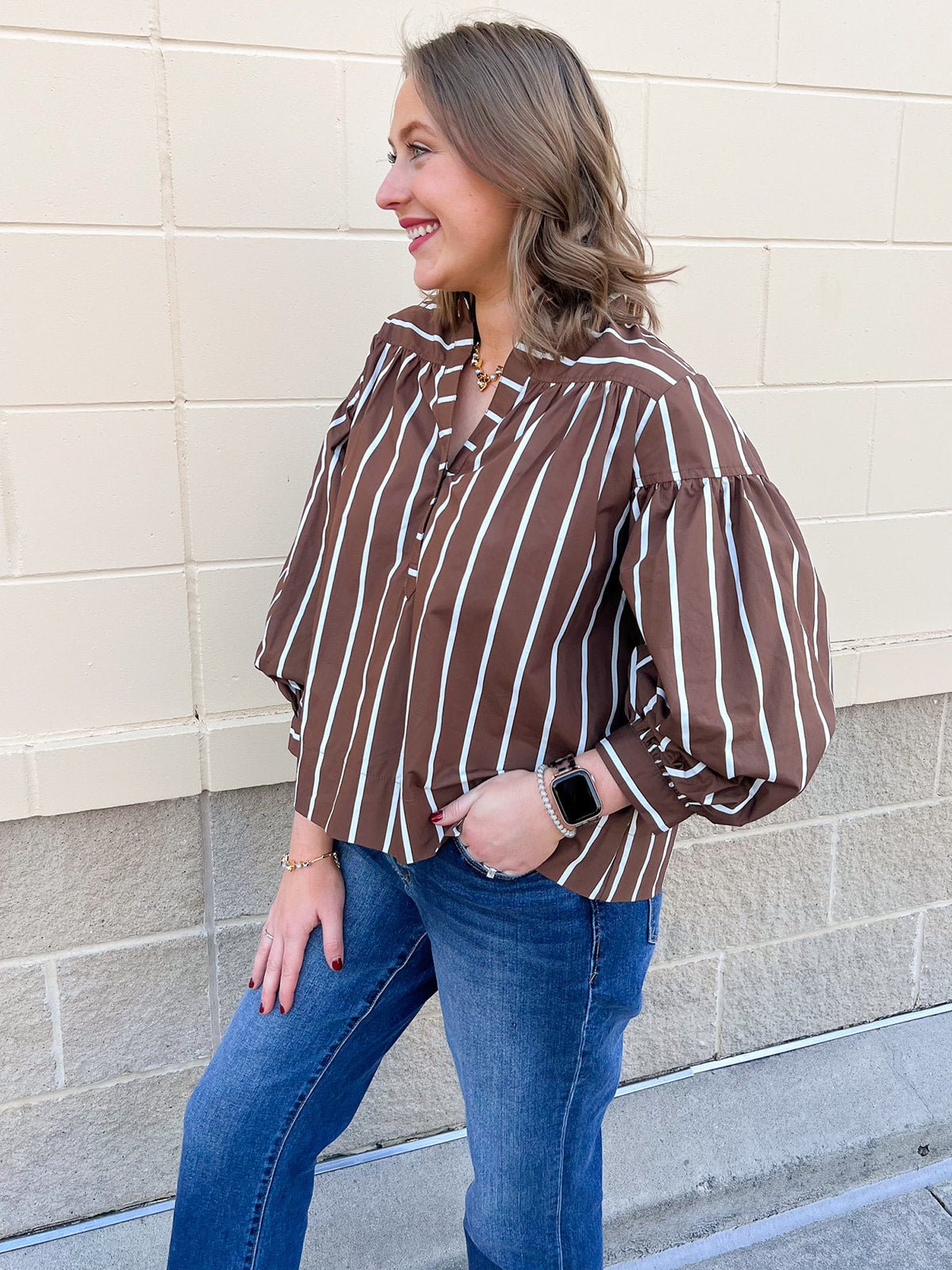 Harvest Charm Split Neck Stripe Top - The Pink Pineapple 850