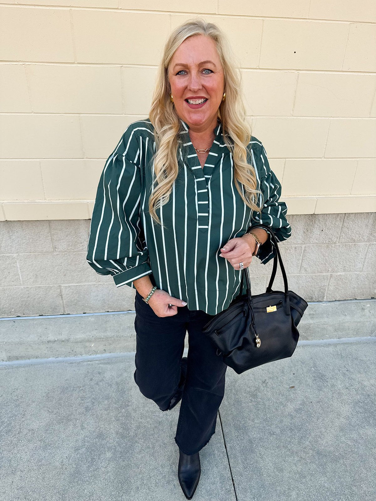 Harvest Charm Split Neck Stripe Top in Green - The Pink Pineapple 850