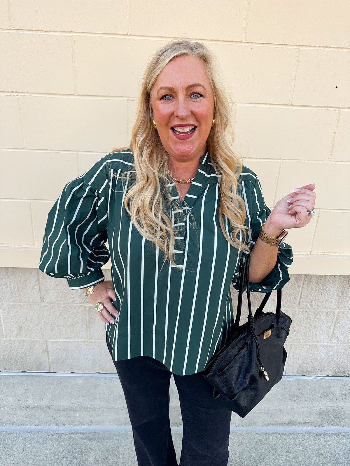 Harvest Charm Split Neck Stripe Top in Green - The Pink Pineapple 850