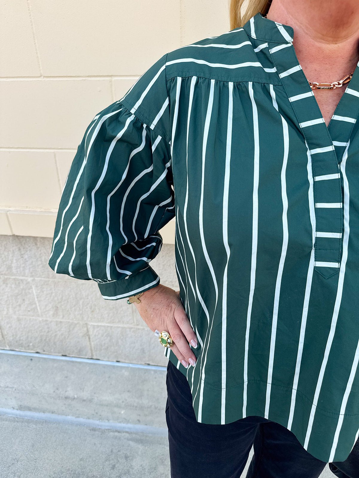 Harvest Charm Split Neck Stripe Top in Green - The Pink Pineapple 850