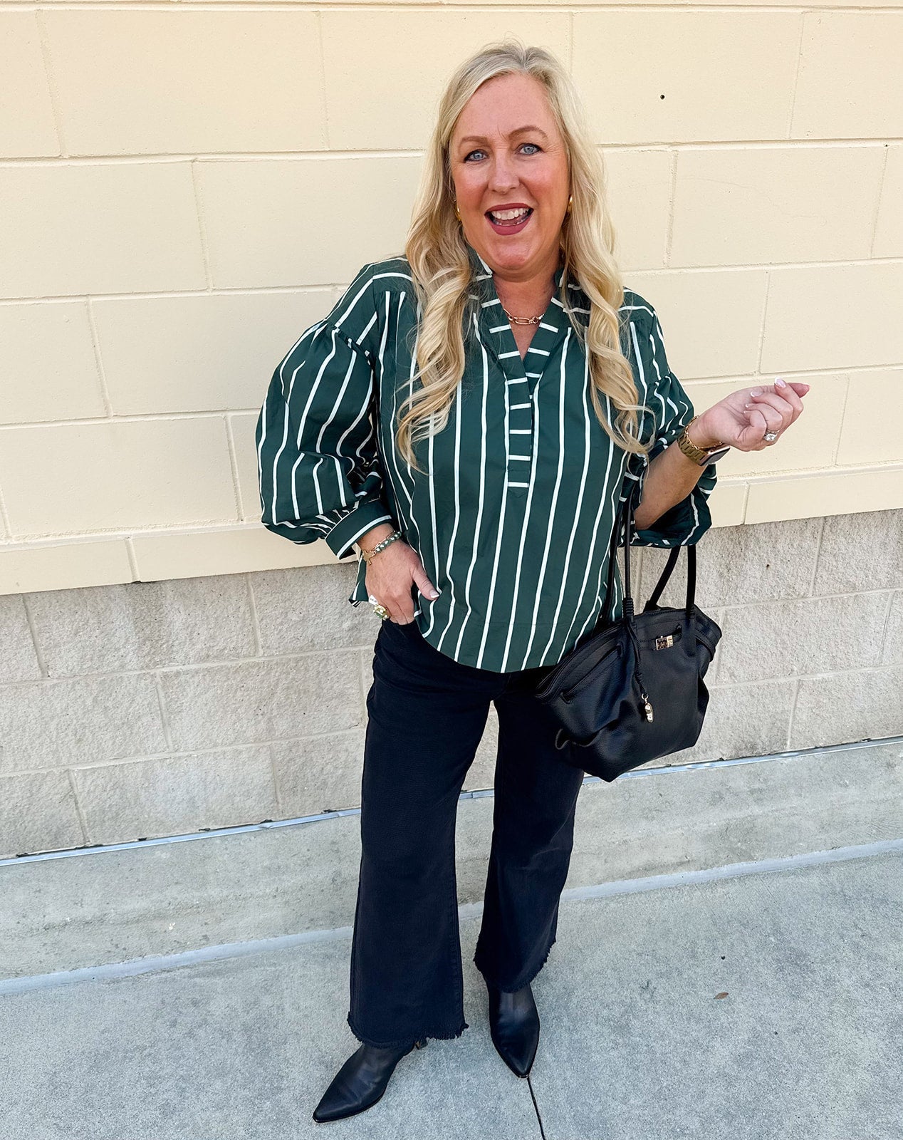 Harvest Charm Split Neck Stripe Top in Green - The Pink Pineapple 850