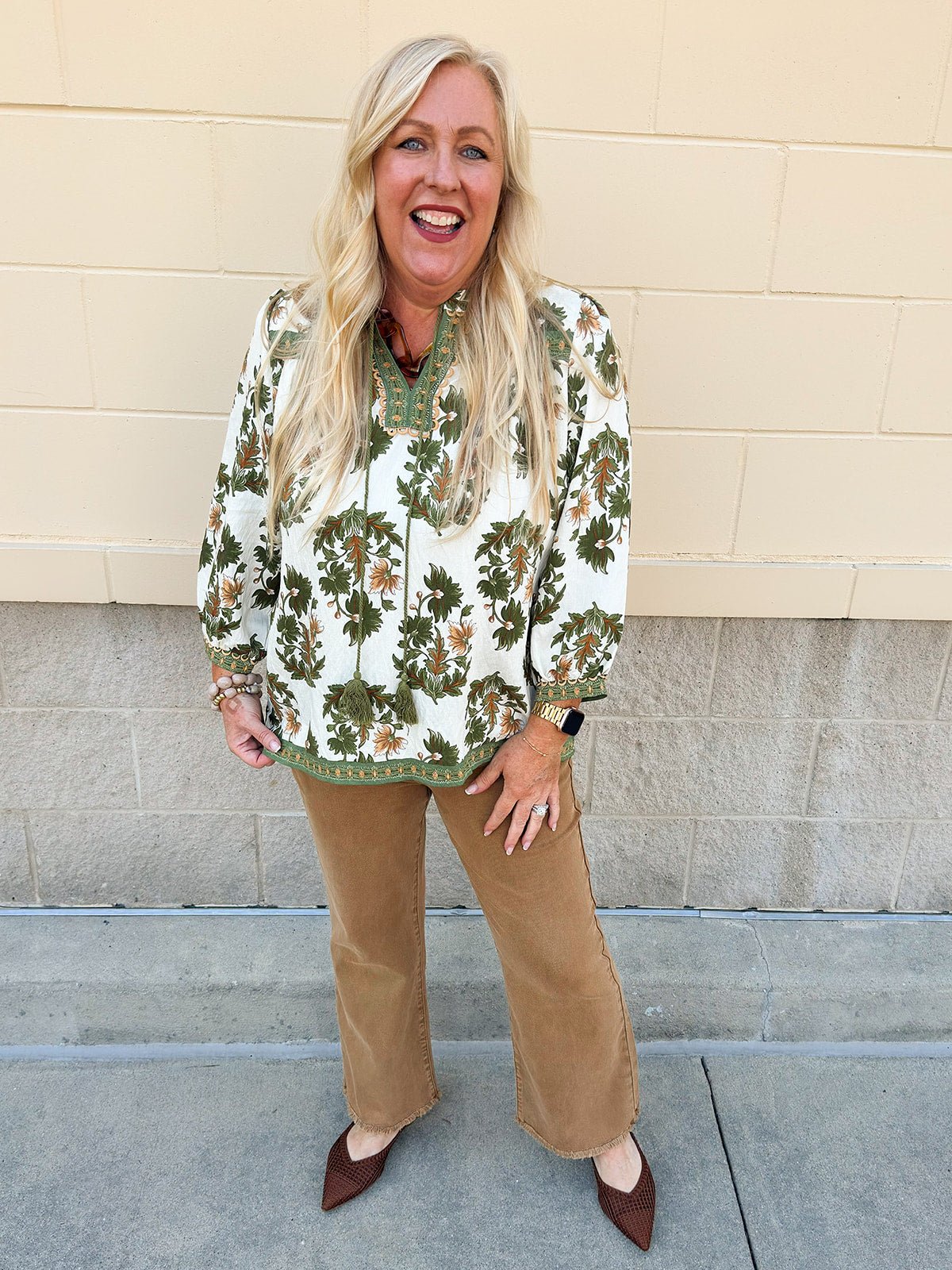 Harvest Trails Tassel Blouse in Olive - The Pink Pineapple 850